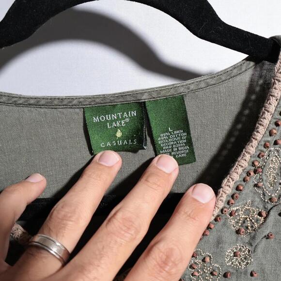 Forest Fairy Green Linen Blend Beaded Top‎ V Neck 3/4 Long Sleeve Boho Woodsy L - Picture 4 of 9